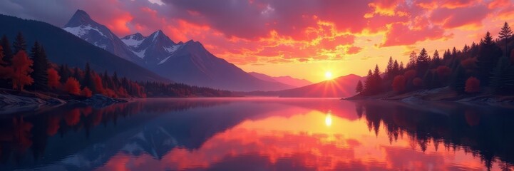 Serene autumn sunset; fiery sky reflects on still lake, mountains, pines , calm, sunset