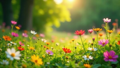 Vibrant wildflowers in lush meadow, sunlight dappled , sunlight, natural