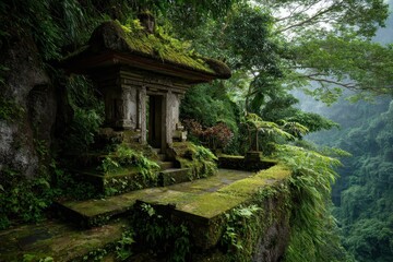 Fototapeta premium Lush overgrown stone structure nestled in a verdant jungle.