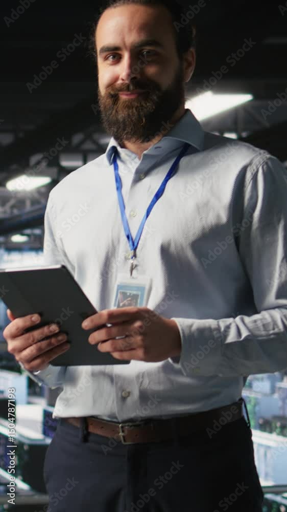 Poster vertical video portrait of smiling engineer in data center monitoring neural network llm visualizati