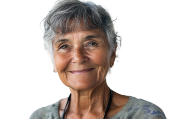 Elderly woman smiling warmly while wearing a camera necklace during a peaceful outdoor moment Isolated on Transparent Background PNG