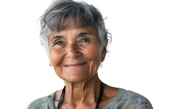 Elderly woman smiling warmly while wearing a camera necklace during a peaceful outdoor moment Isolated on Transparent Background PNG
