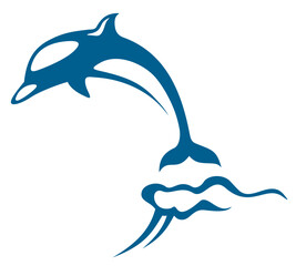 Dolphin jumping out of the ocean waves. Blue dolphin silhouette isolated on a white background. Vector illustration