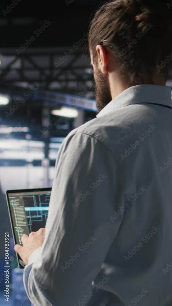 Poster vertical video technician holding laptop walking on server farm platform, doing ai machine learning 