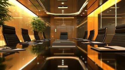 Refined corporate meeting room with polished table and executive seating