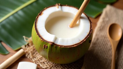 Ultra-focus flatlay of a fresh coconut drink served in a natural coconut shell, filled with coconut water and soft white flesh, with a biodegradable bamboo straw. Surrounded by eco-friendly elements