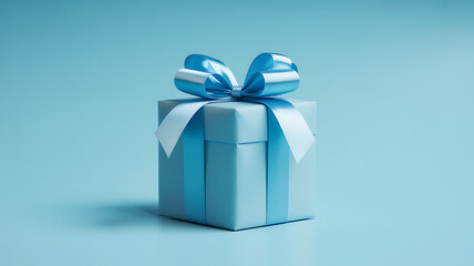 Aesthetic gift box wrapped in sky blue with soft satin bow, realistic textures, and smooth background under minimal lighting