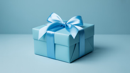 Obraz premium Aesthetic gift box wrapped in sky blue with soft satin bow, realistic textures, and smooth background under minimal lighting