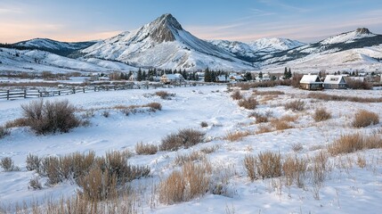 Fototapeta premium Snowy winter landscape with mountain village nestled in a valley.