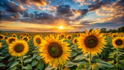 Fototapeta premium A sun-kissed field of sunflowers reaching towards the bright evening sky.