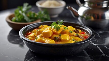 Delicious Asian cuisine featuring succulent mango chunks in a creamy savory sauce garnished with fresh parsley served in a rustic bowl on a dark marble table next to a teapot and rice