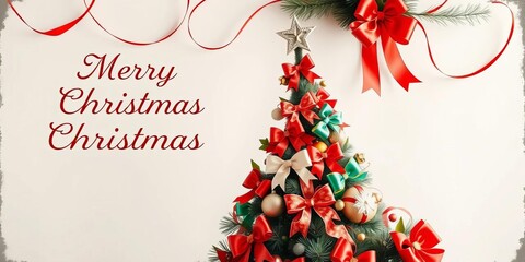 Vintage-style Christmas greeting card featuring a Christmas tree composed of colorful ribbons and bows,  texture,  decoration