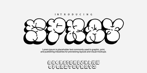 Spray Graffiti throw up font A-Z vector in bubble style. Urban, bold, and editable. Perfect for street art, hip hop designs, posters, apparel, and digital artwork. EPS file included. bubble font y2k © Ook