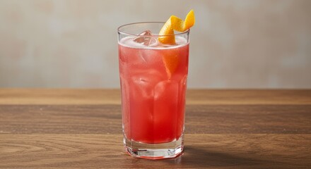 Elegant pink cocktail with ice and orange zest on rustic wooden table