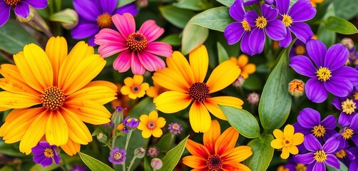 Fototapeta premium Vibrant purple & yellow watercolor wildflowers, leaves, abstract floral spring background, romantic, texture