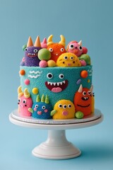 Vibrant monster cake design with colorful frosting.