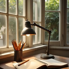 modern minimalist aesthetic desk with study lamp and beautiful view from window background