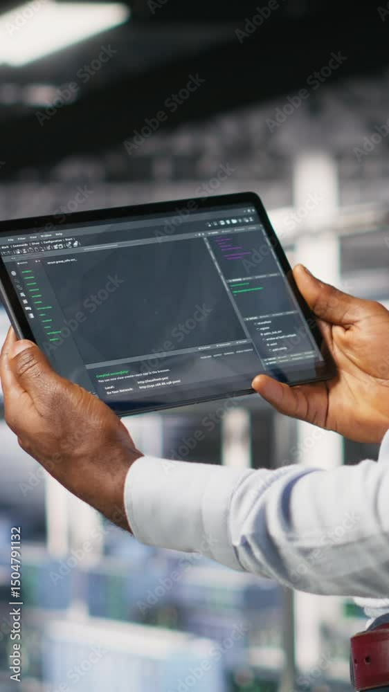 Poster vertical video close up of data center programmer looking at code debugging tools running on tablet.
