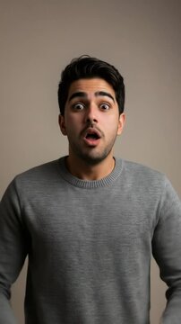 Shocked man covering mouth surprise expression portrait background 4k video