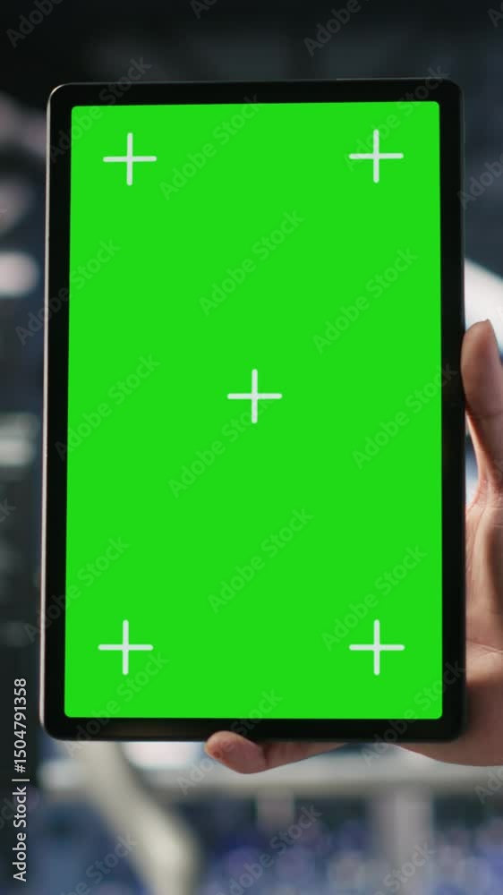 Poster vertical video close up of data center admin using mockup tablet to update storage arrays software, 