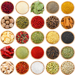 Different aromatic spices in bowls isolated on white, set. Top view