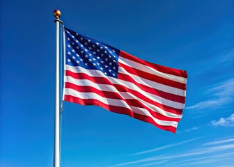 Obraz premium Minimalist American Flag on Pole, Blue Sky, Photography, AI Art
