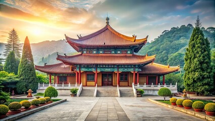 Fototapeta premium Minimalist Chinese Temple AI Photography, Zen Garden, Ancient Architecture, Asian Spirituality, Tranquil Scenery