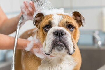 A Bulldog is being washed in a sink, covered in soap suds, looking at the camera, getting a bath at home.