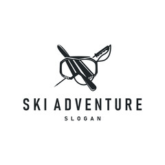 simple ski sport logo with black silhouette of minimalist ski equipment and snow mountain ski sport concept illustration symbol template