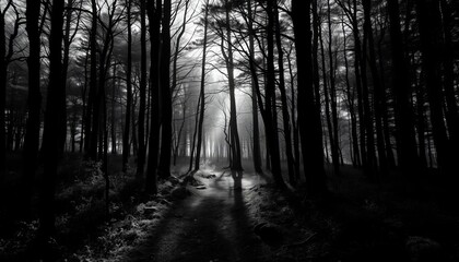 Fototapeta premium Stark monochrome forest scene, deep shadows and stark light contrast, illustration, high contrast