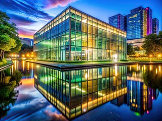Fototapeta premium Modern Glass Building Reflection City Park Calm Water AI Photo