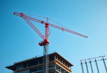 Sleek tower crane against a blue sky, construction site visible,  height,   construction equipment