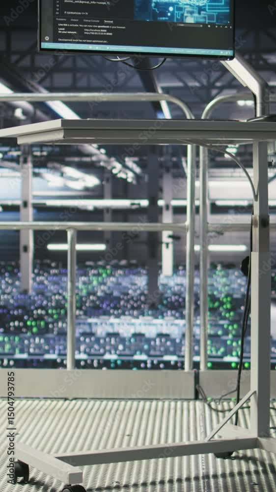 Poster vertical video industrial platform workstation in automated data center displaying machine learning 