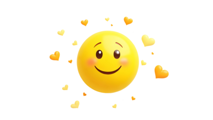 3D Yellow Cartoon Smiley Face with Floating Hearts – PNG Isolated on Transparent Background