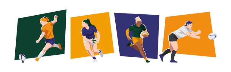 Women rugby player character set illustration. Sport, game, activity concept. Flat cartoon vector graphic.