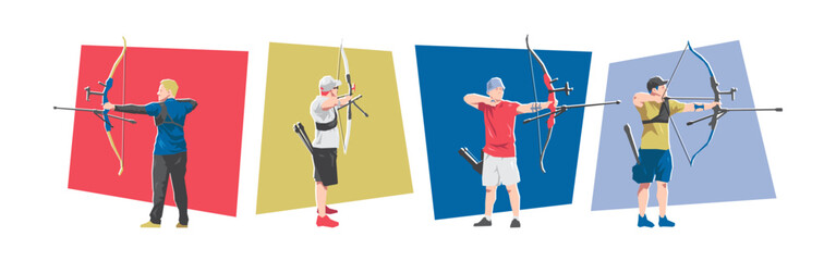 Male archer character set illustration. Archery, sport, game, activity concept. Flat cartoon vector graphic. © Irkhamsterstock