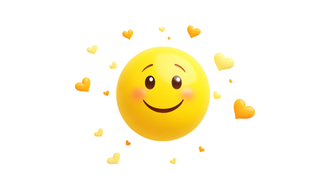 3D Yellow Cartoon Smiley Face with Floating Hearts – PNG Isolated on Transparent  Background