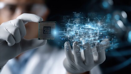 A scientist is holding a computer chip in his hand