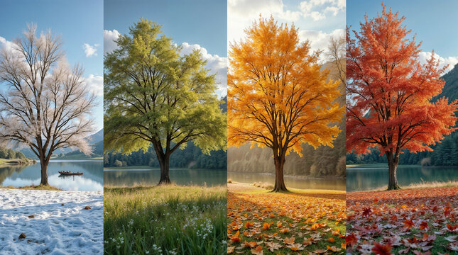 collage in one photo with beautiful nature four seasons winter, spring, summer and autumn of the same location from one angle