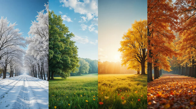 collage in one photo with beautiful nature four seasons winter, spring, summer and autumn of the same location from one angle
