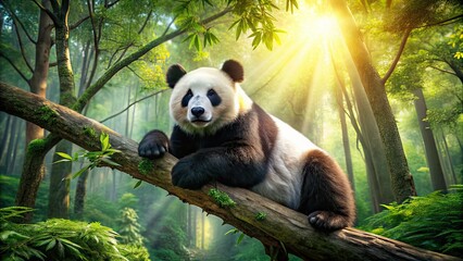 Obraz premium Panda Relaxing on Branch - Majestic Landscape Photography