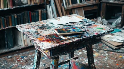 Artist's messy workshop table covered in paint
