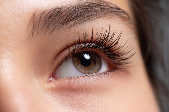 A woman's eye with long lashes and a brown iris