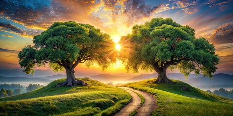 Obraz premium Path Through Two Trees on a Hill - Surreal Forest