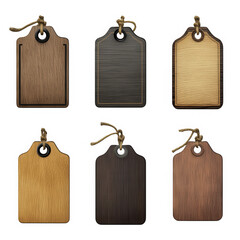 Six wooden tags with rope on transparent background