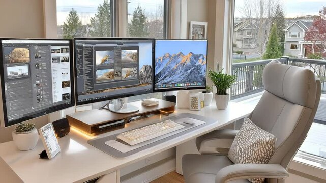 Dim lit coding desk with dual monitors and flickering backlight stock video