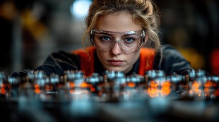 Focused young woman in safety gear engaged in technical work