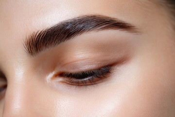A woman with a dark eyebrow and a light brown eye shadow