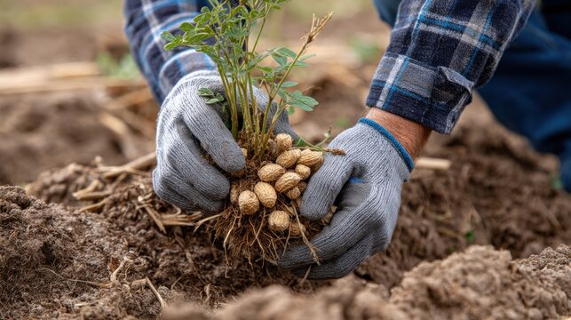 A man is holding a bunch of peanuts in his hands