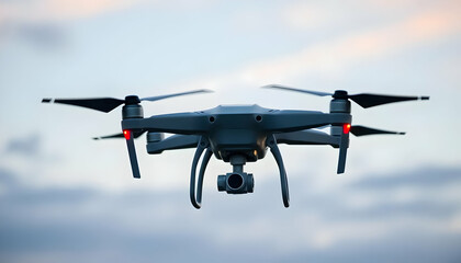 Drone In Flight Showing Propellers And Camera Against Cloudy Sky And Outdoor Background